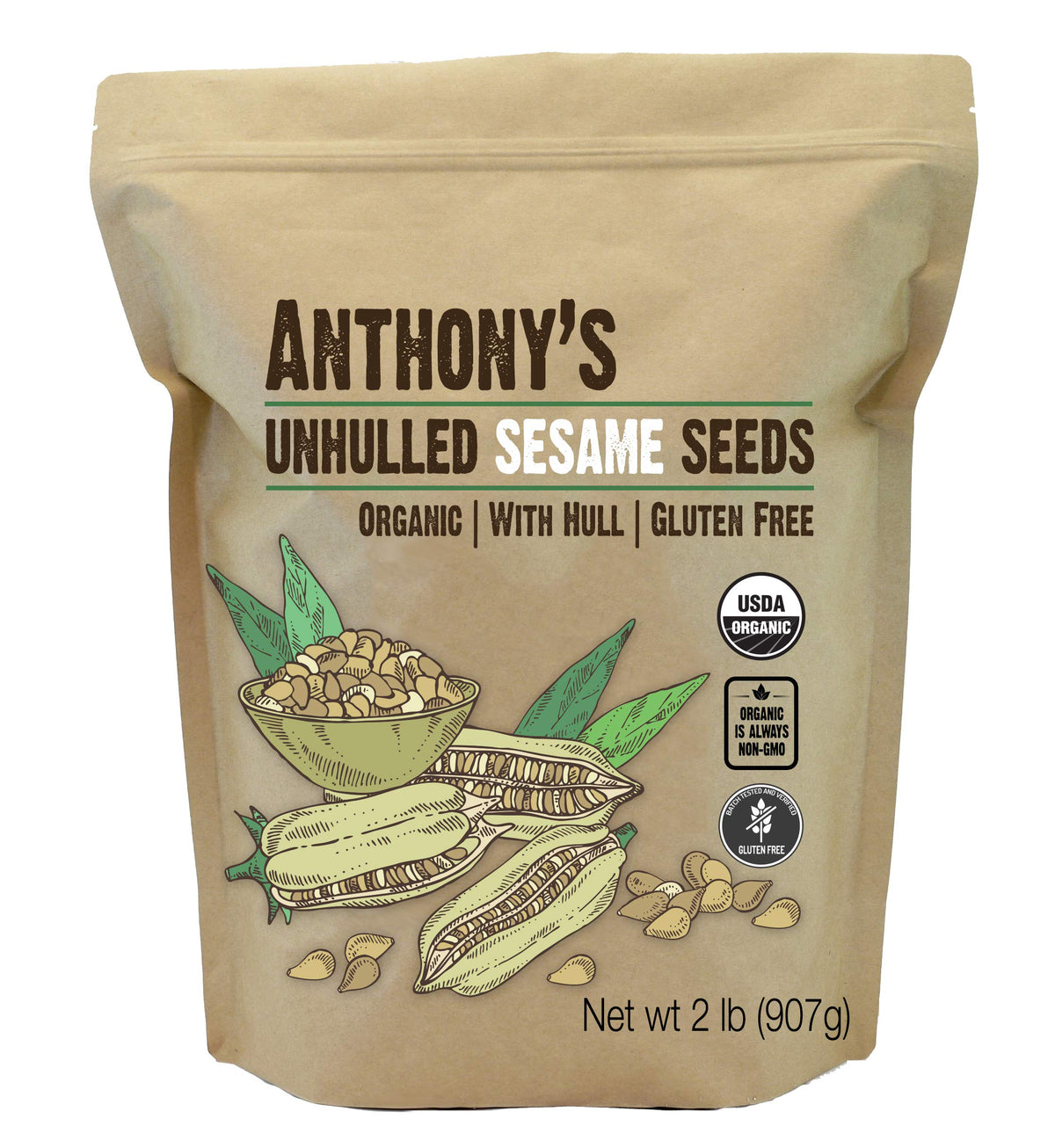 Anthony's front package of 2 lb unhulled sesame seeds showing label and organic claim
