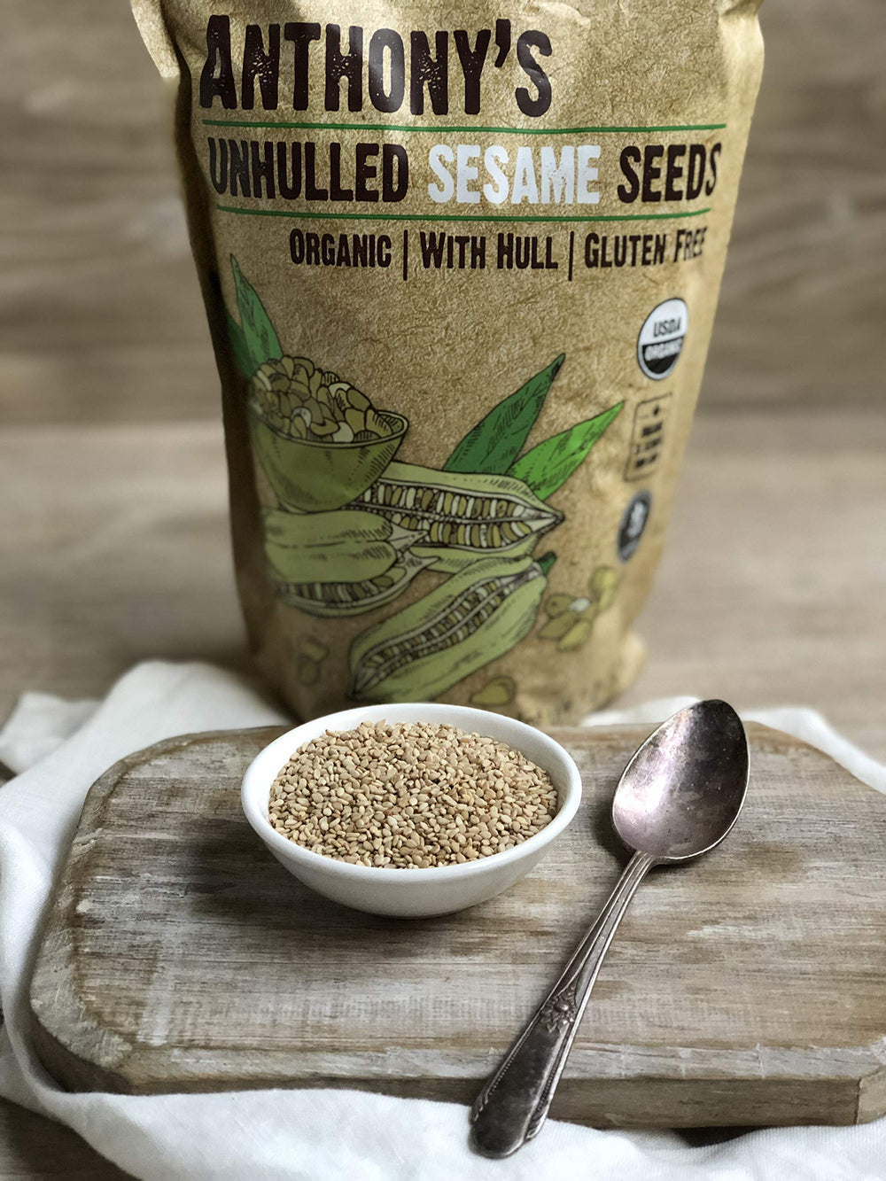 Anthony's sesame seeds being weighed on a kitchen scale for portion control and freshness