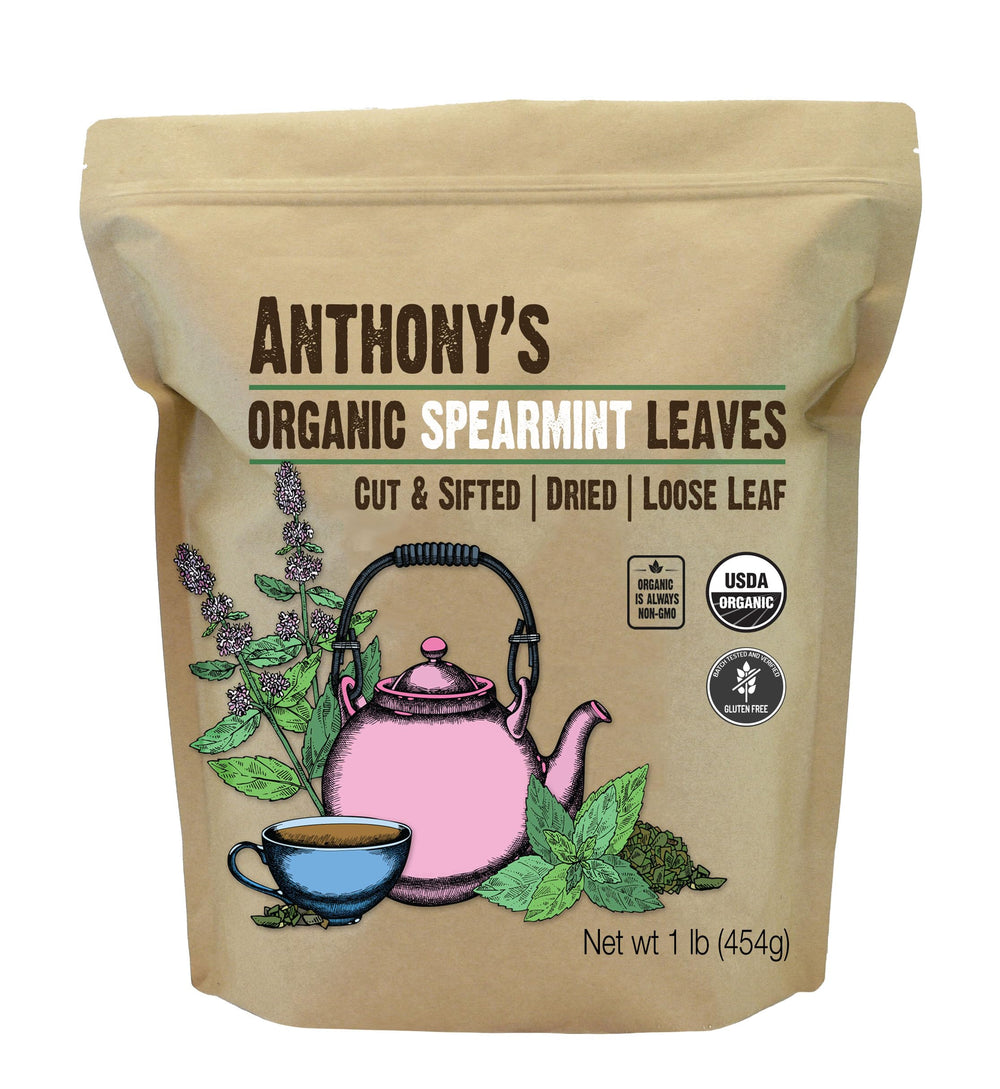 Anthony's front packaging of organic spearmint leaves showing label and size benefits