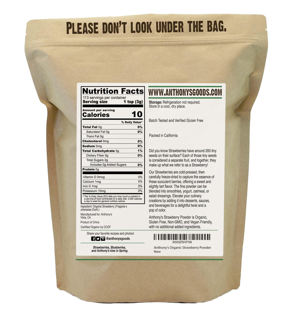 Anthony's close-up of fine strawberry powder texture, easy-to-mix fruit flavor