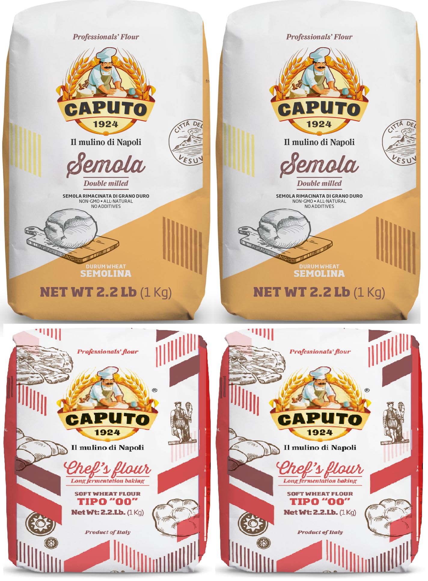 Antimo Caputo front packaging showing four flour bags and clear labeling for versatile baking