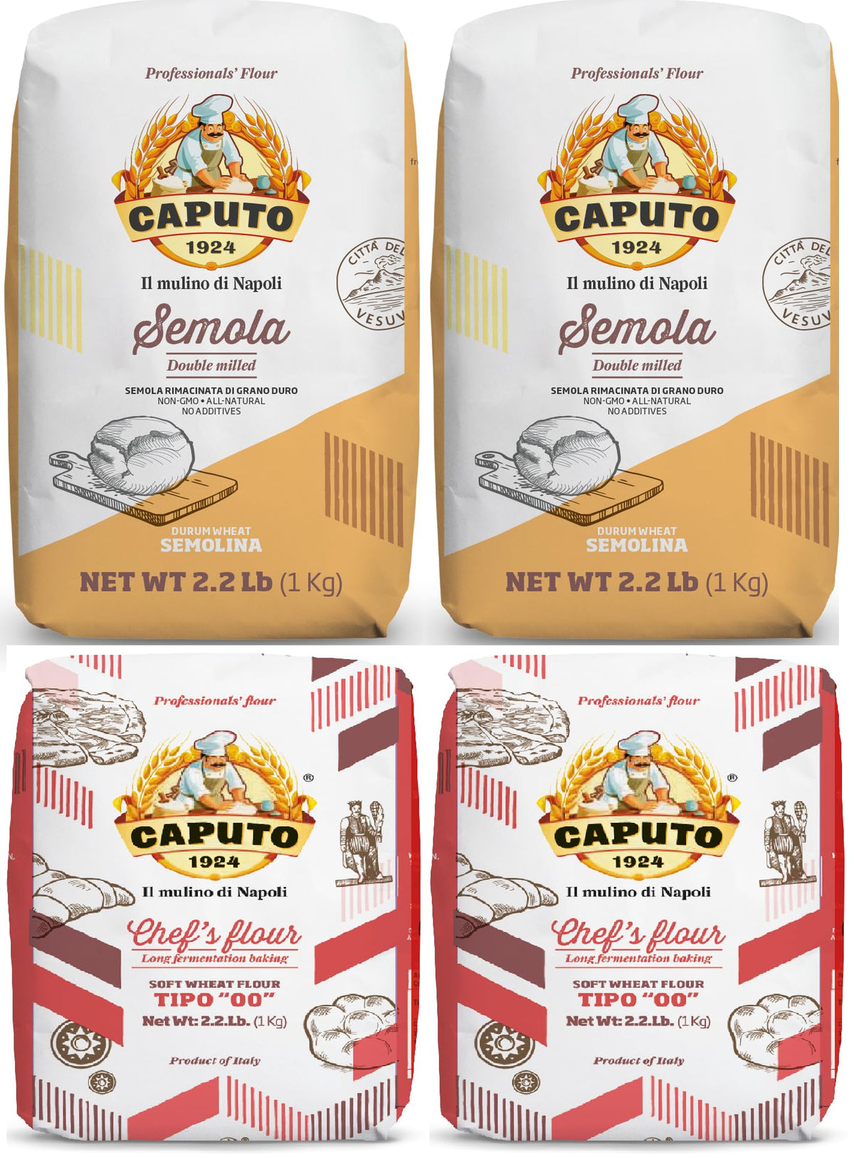 Antimo Caputo front packaging showing four flour bags and clear labeling for versatile baking