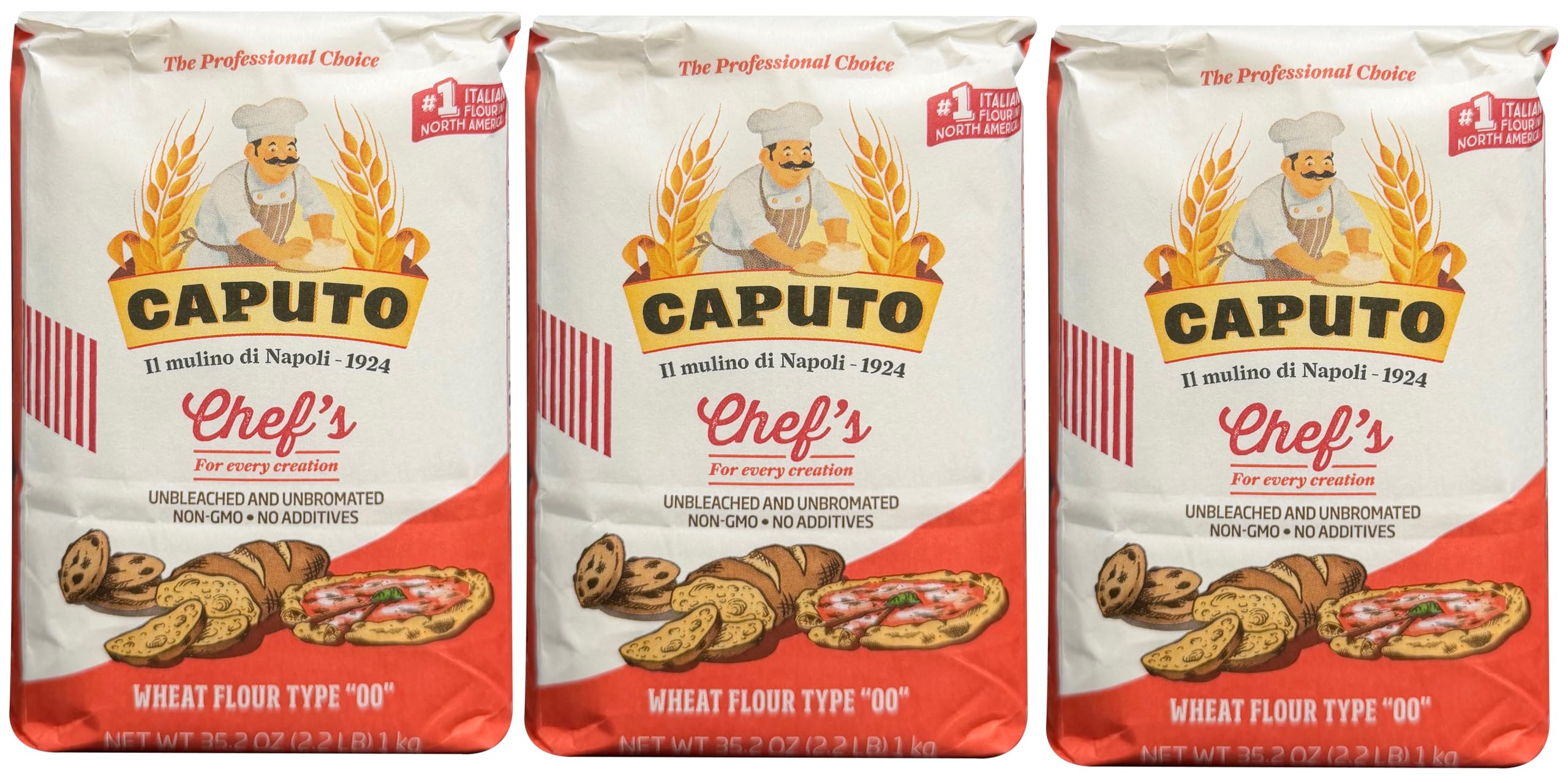 Antimo Caputo front packaging showing three 2.2 lb bags and clear branding for authentic supply