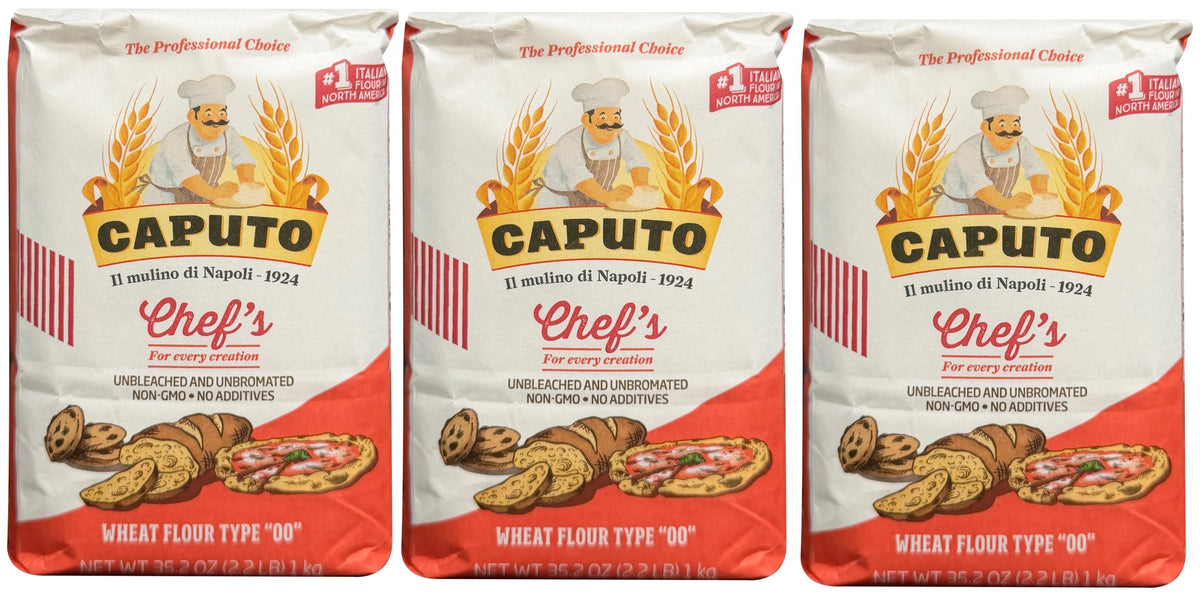 Antimo Caputo front packaging showing three 2.2 lb bags and clear branding for authentic supply