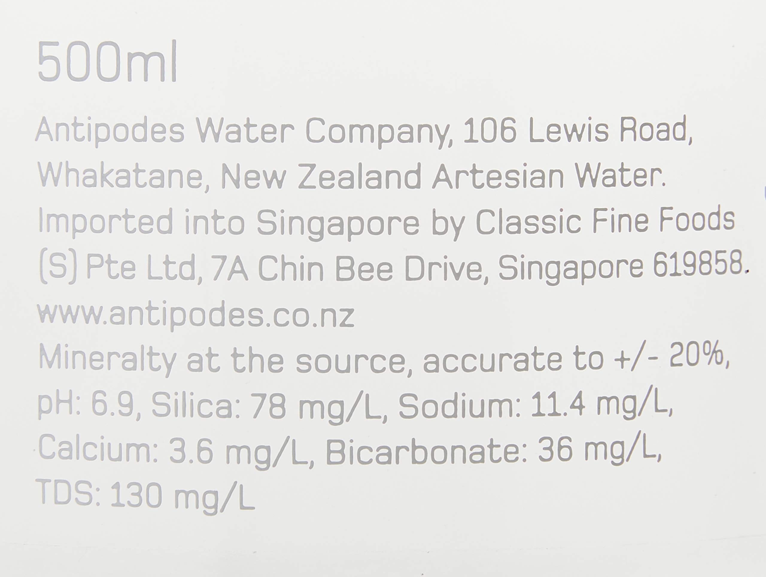 Antipodes bottle close-up label highlighting source details and sustainable glass benefit