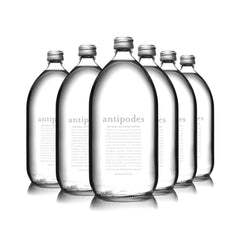 Antipodes glass bottle front view showing clear label and premium look, enhancing presentation
