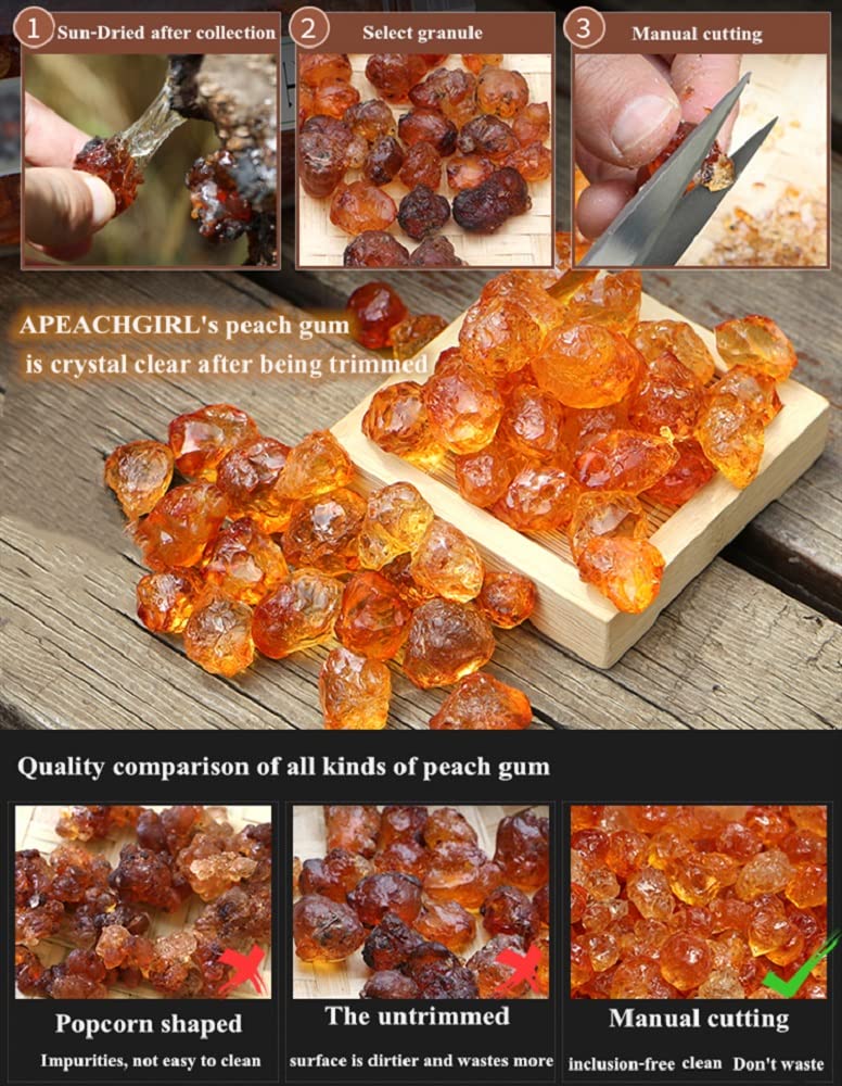 APEACHGIRL close-up of raw peach gum nuggets highlighting clean sorting
