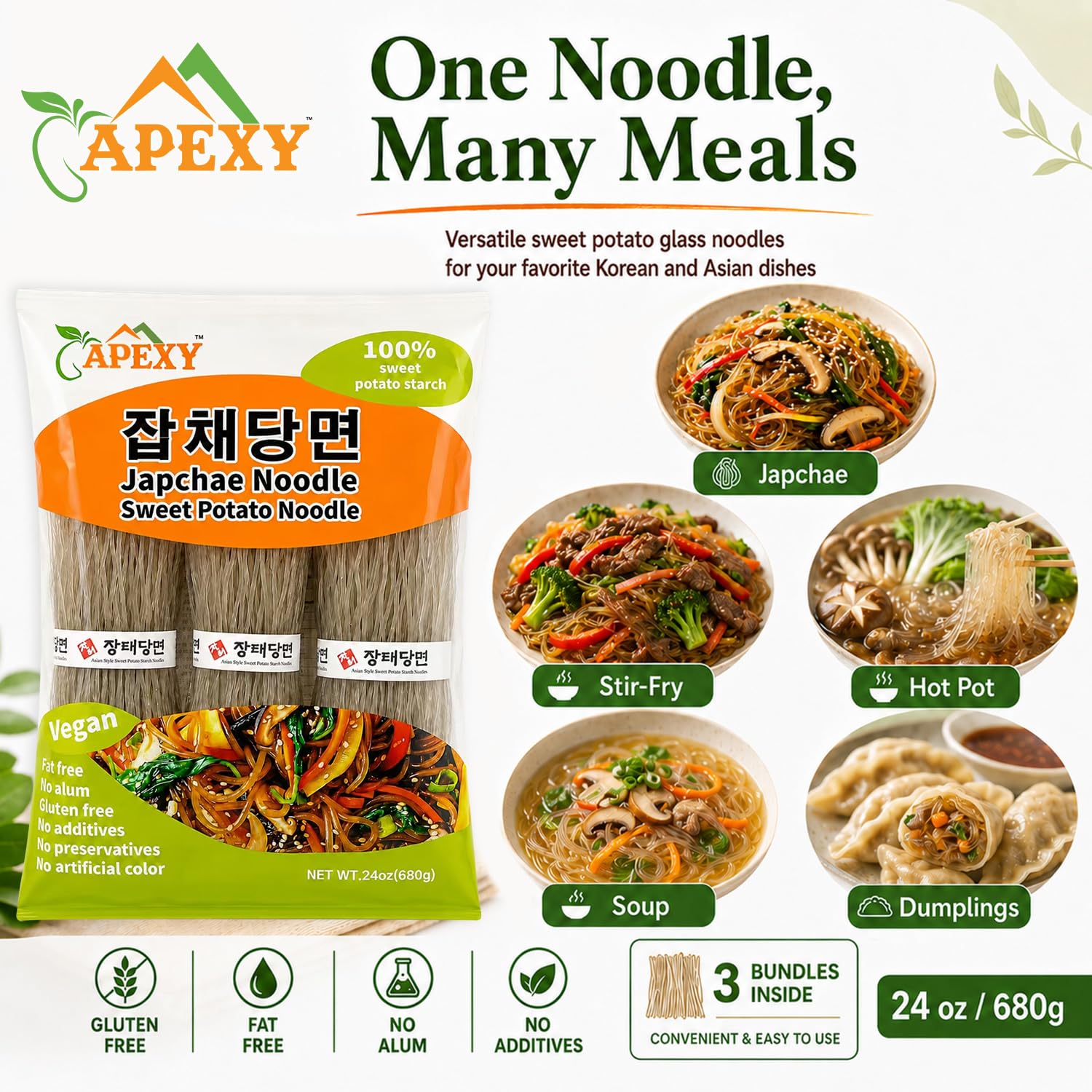 APEXY plated japchae showcasing noodles absorbing sauce and flavor benefit