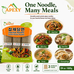 APEXY plated japchae showcasing noodles absorbing sauce and flavor benefit