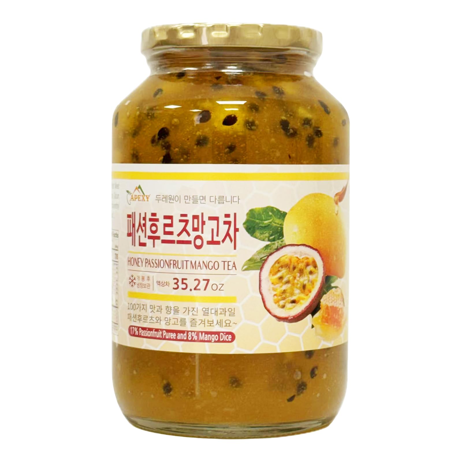APEXY jar front label showing passionfruit mango blend and no artificial colors benefit