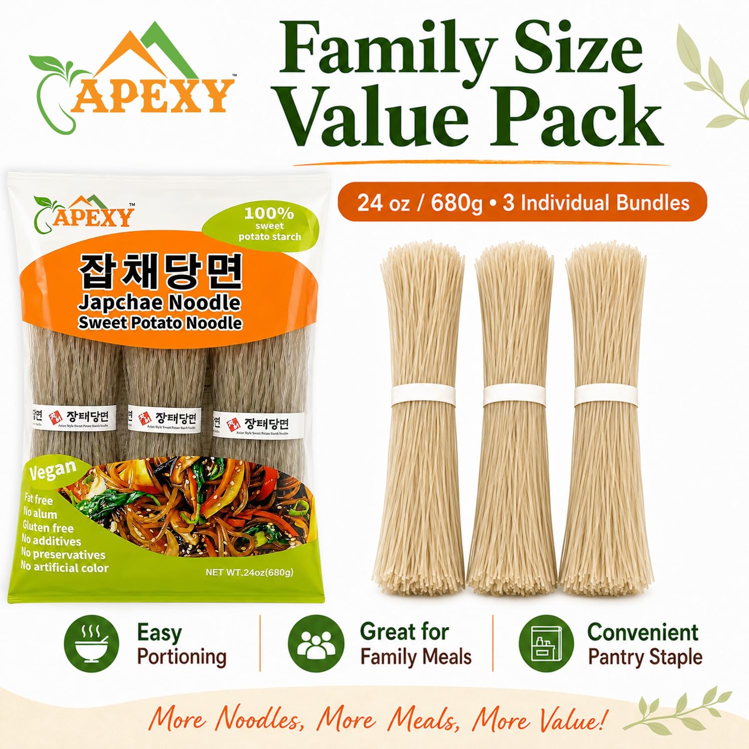 APEXY noodles beside measuring scale showing bulk size and pantry convenience benefit