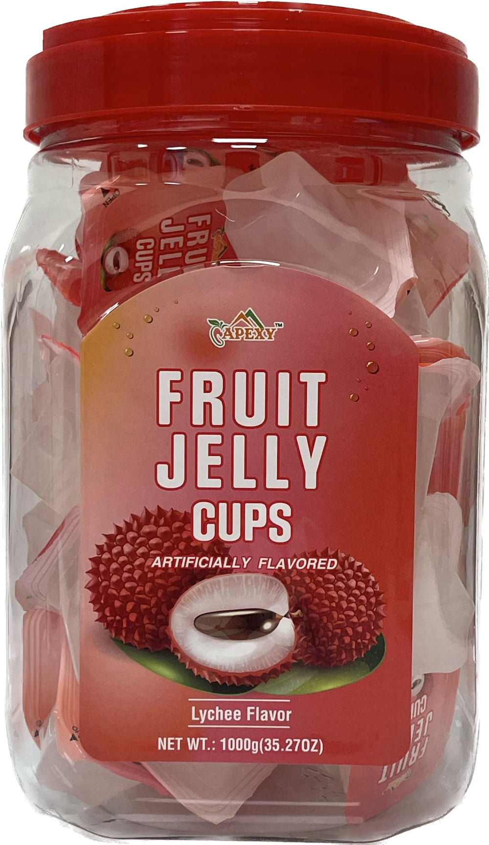 Apexy lychee jelly cup front packaging showing freshness and easy portioning