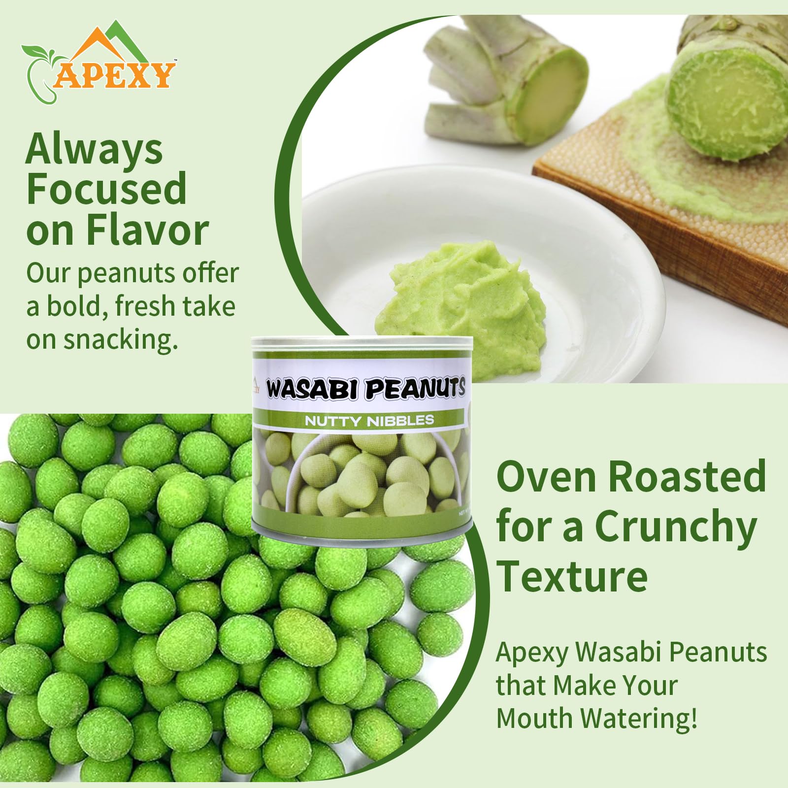APEYX peanuts beside green tea suggesting complementary snack pairing