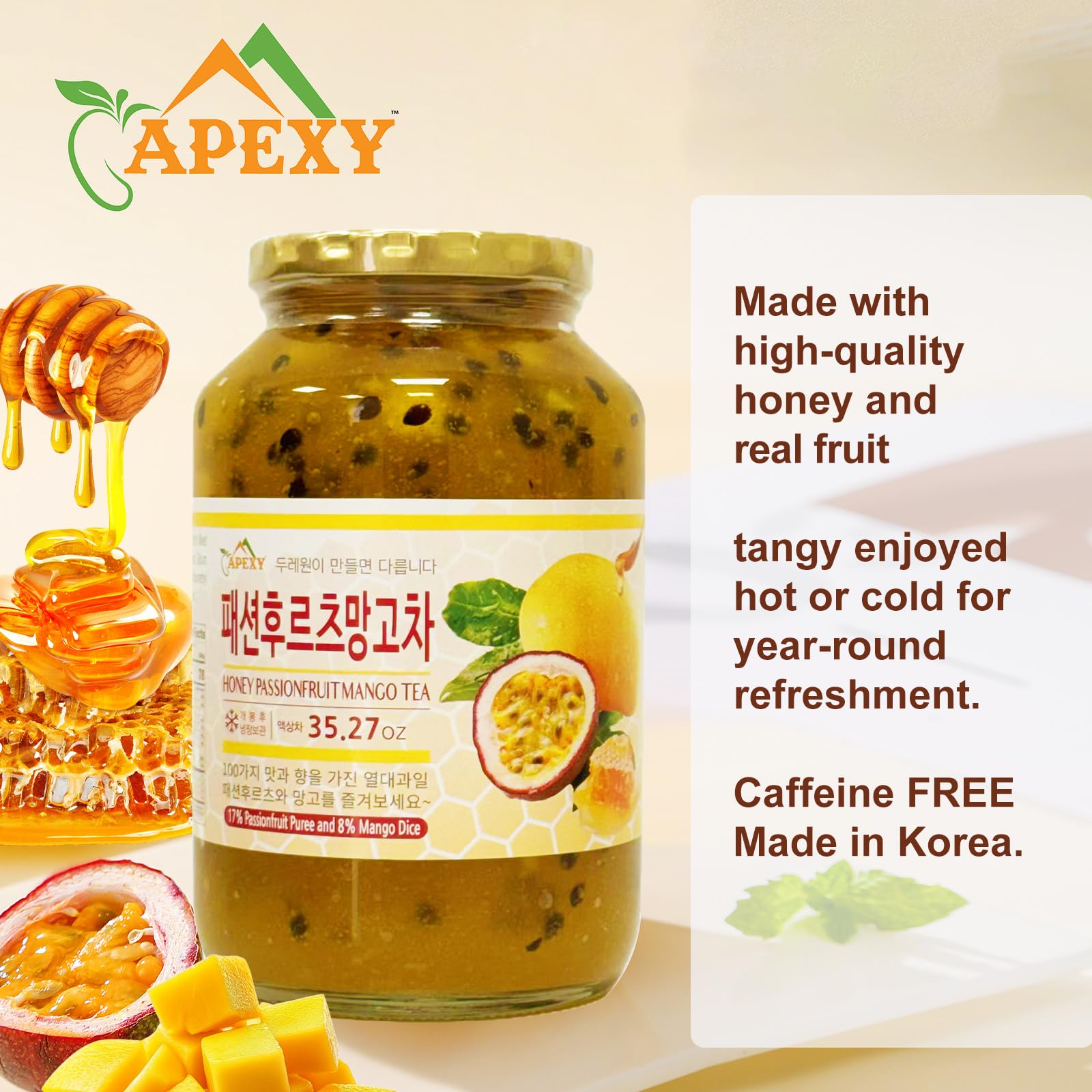 APEXY spoon lifting syrup and fruit bits to show thick texture and real-fruit flavor