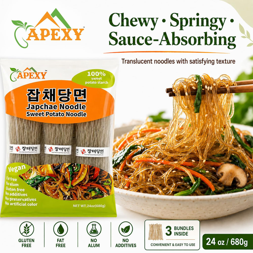 APEXY close-up of translucent glass noodles highlighting chewy texture benefit