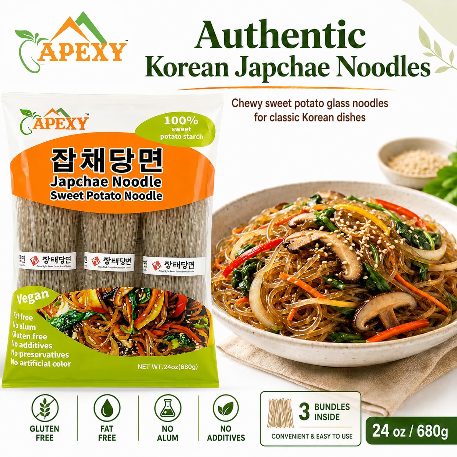 APEXY closeup of uncooked noodle bundle highlighting firm strands and portioning