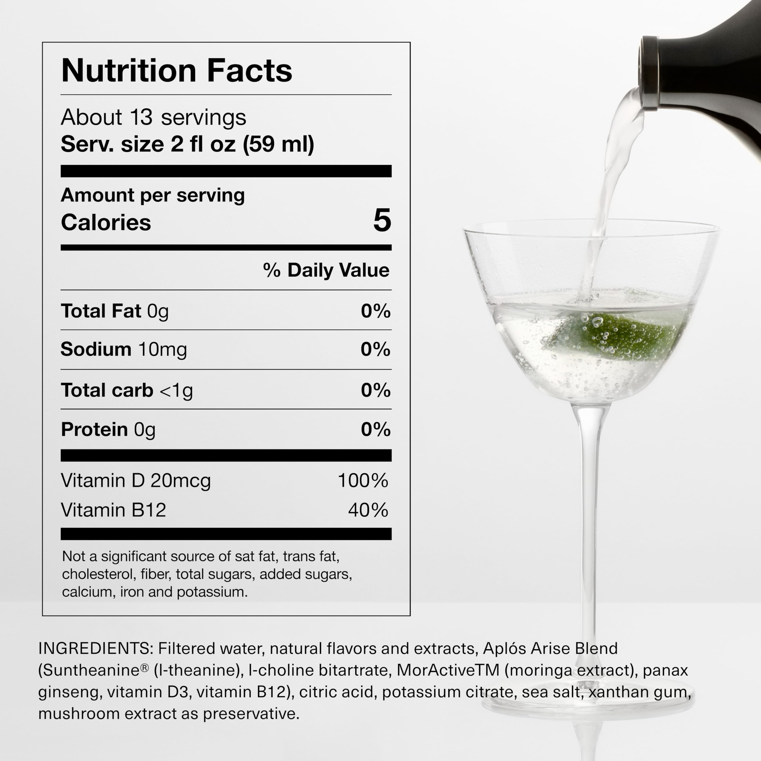 Aplós ARISE bottle beside a cocktail glass to show 750ml scale for serving and sharing
