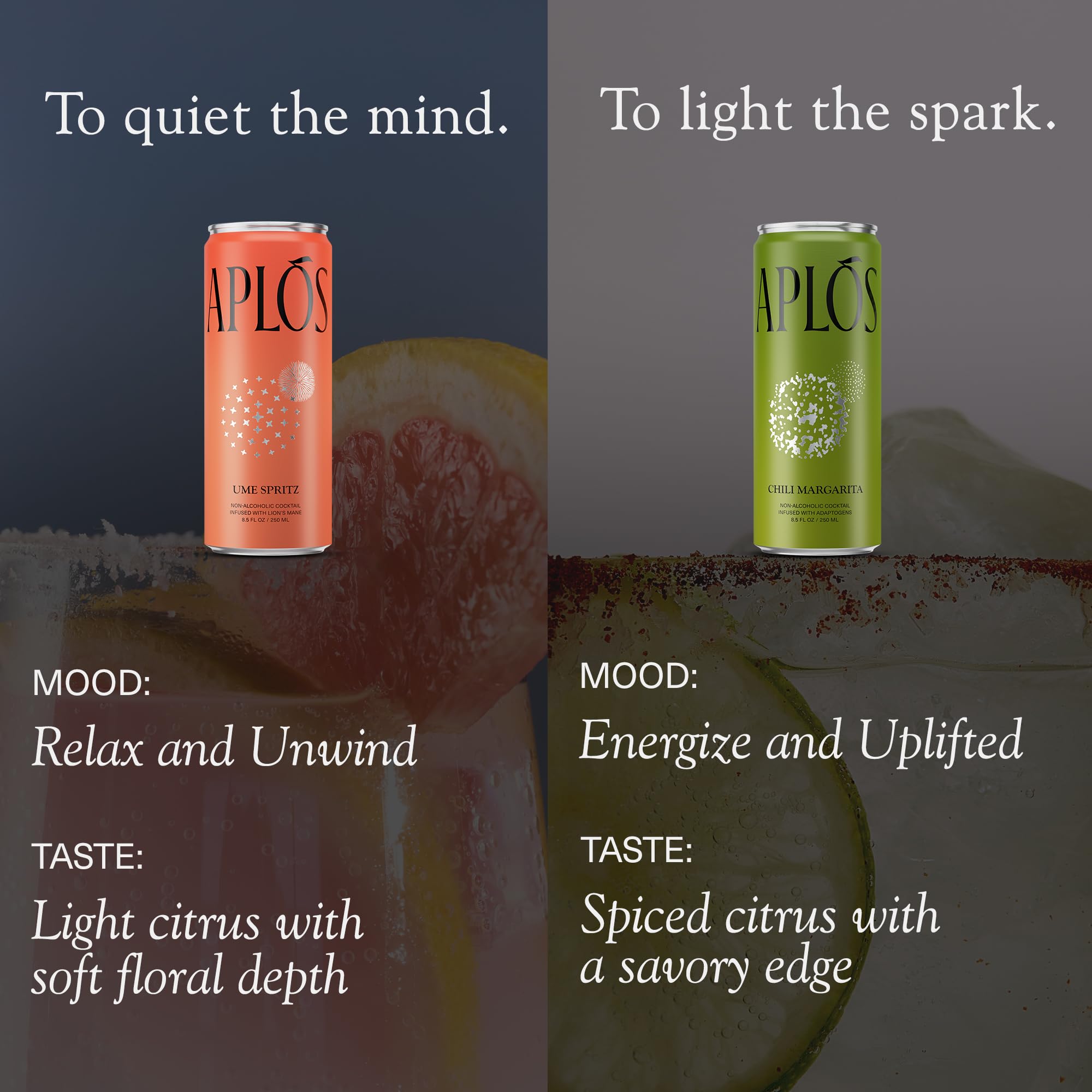 Aplós close-up of Ume Spritz can label highlighting botanical ingredients and calming appeal