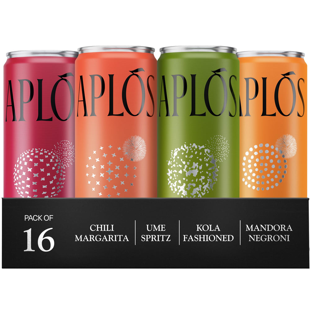 Aplós front packaging showing 16-pack cans and variety of flavors for convenient serving