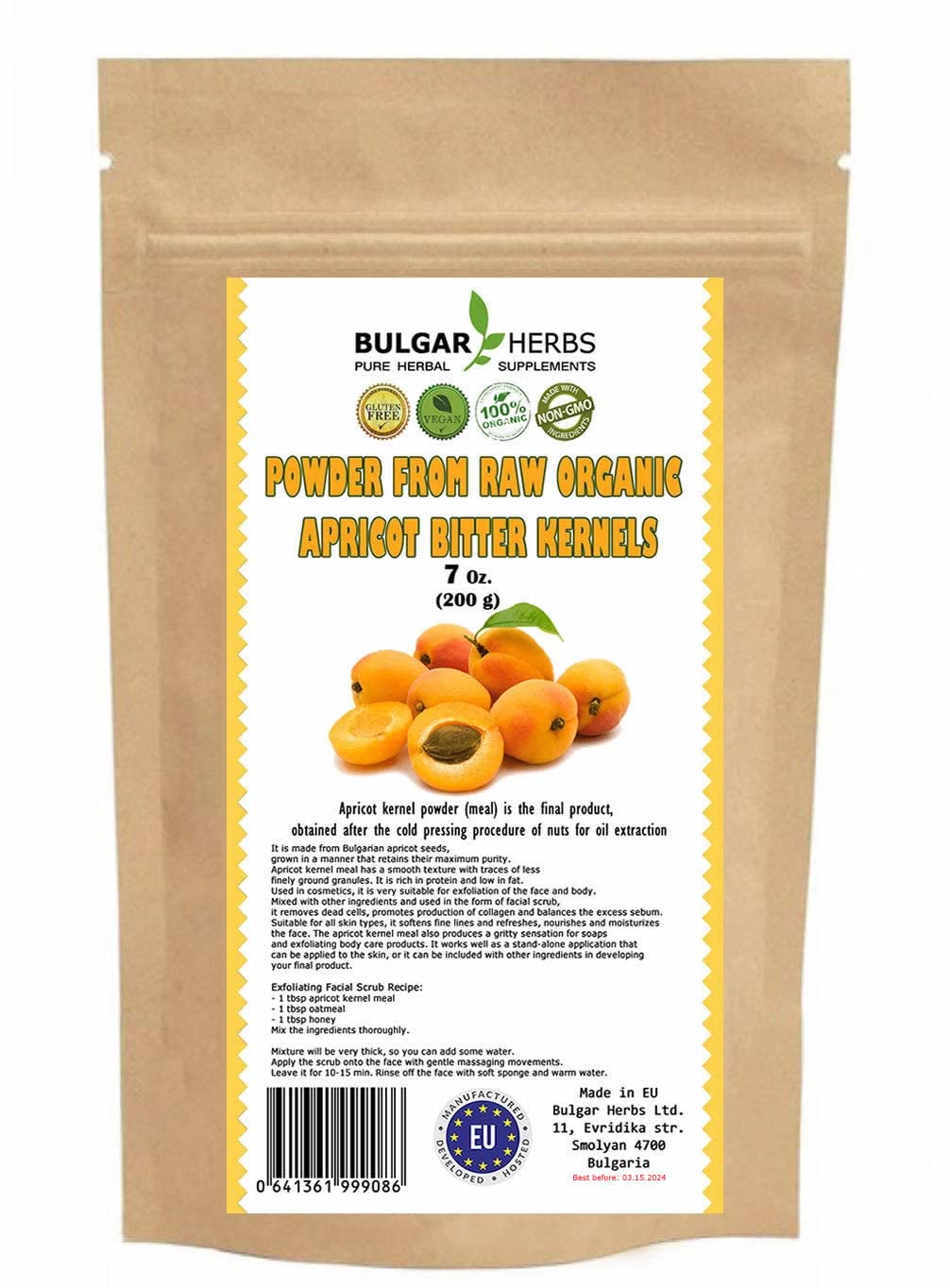 Apricot Bitter Kernel Meal front packaging showing product clarity and organic benefits