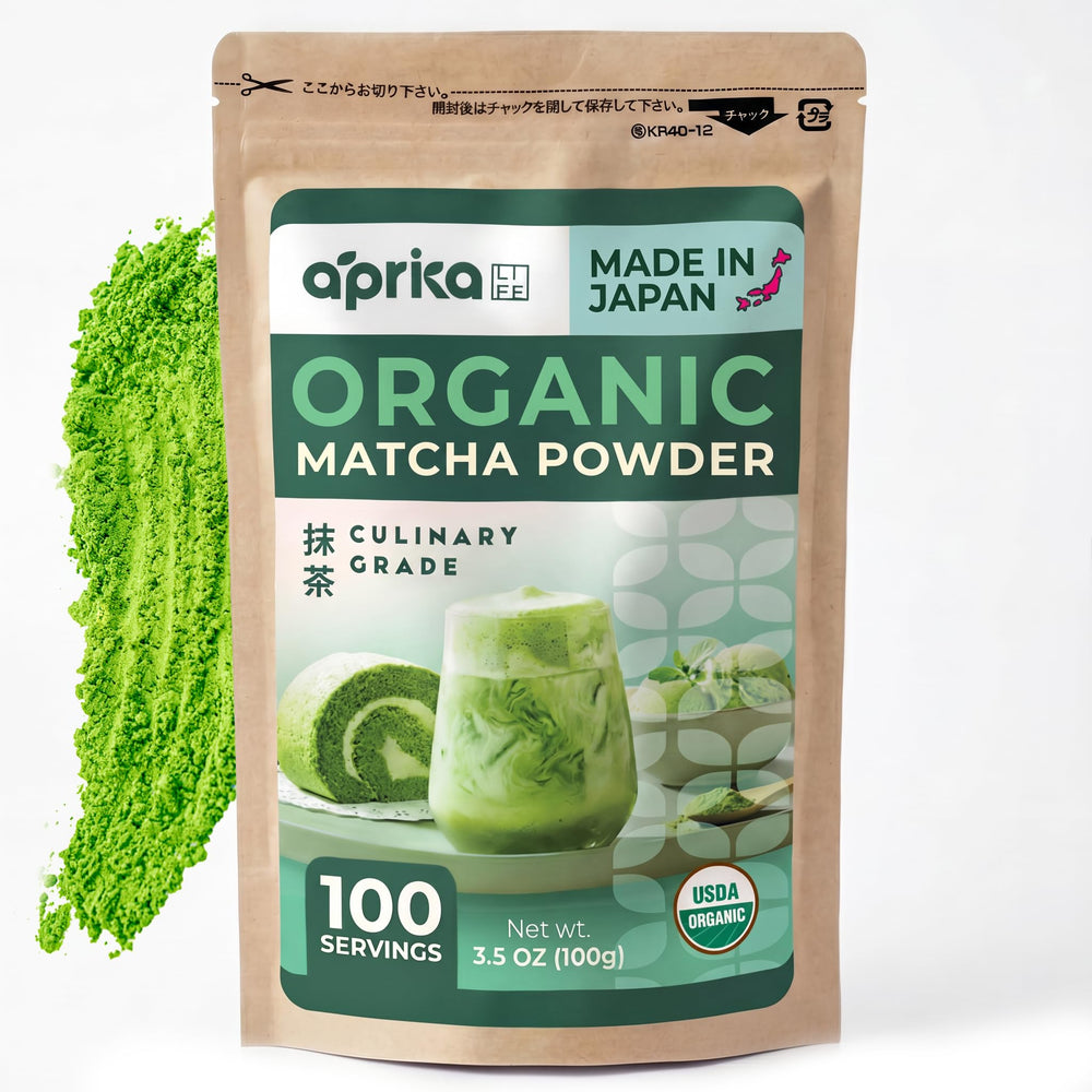 aprikalife front packaging showing organic matcha and benefits