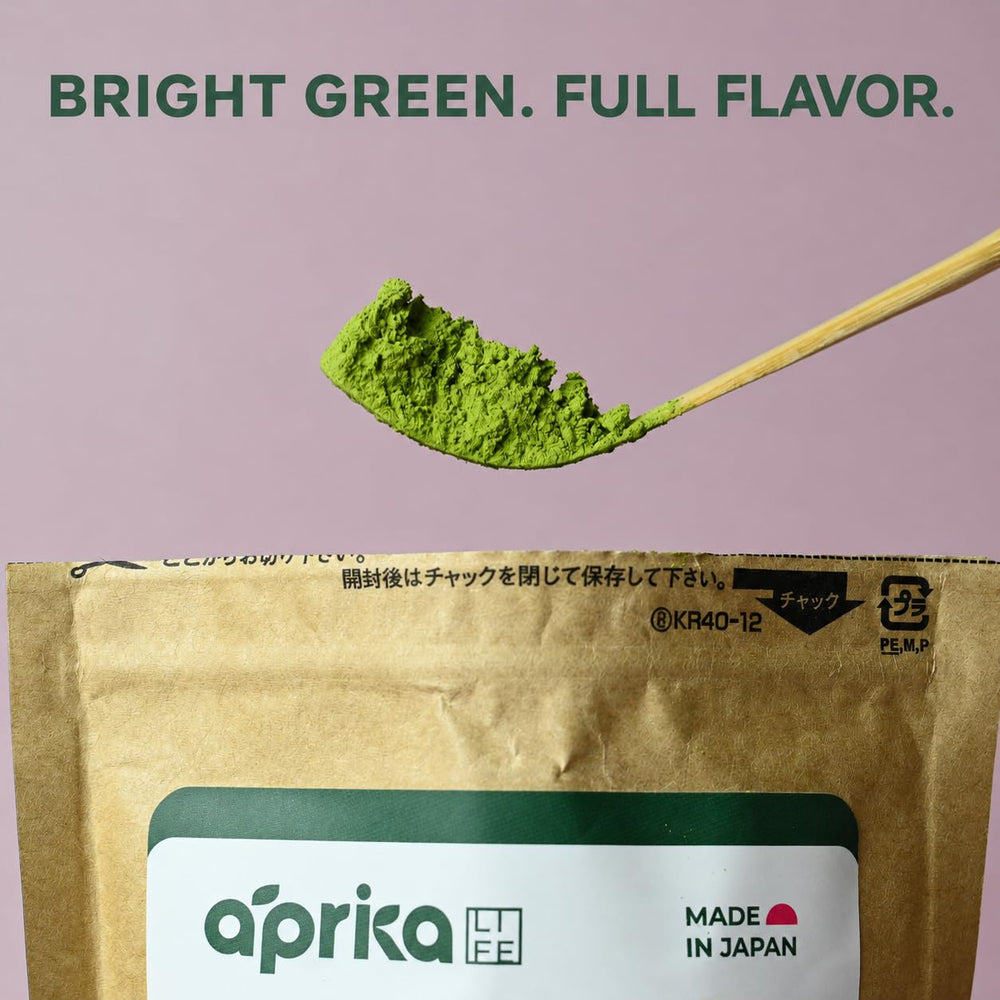 aprikalife close-up of fine green matcha powder texture and freshness
