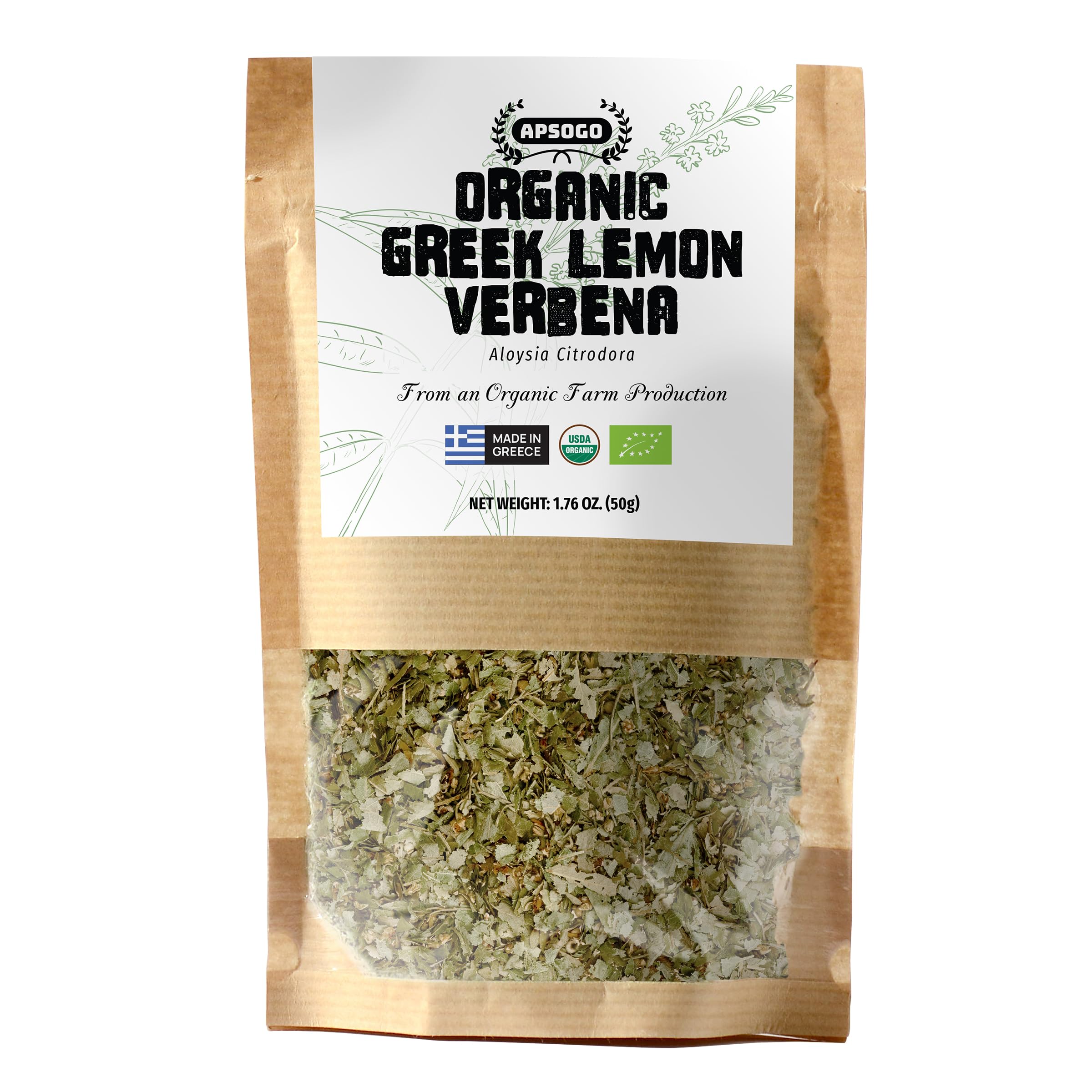 APSOGO front packaging showing organic lemon verbena and eco resealable pouch, preserves freshness
