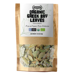 Apsogo front pouch showing organic Greek bay leaves and sealed freshness benefit