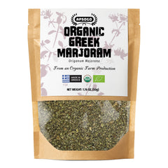 APSOGO front pouch showing organic marjoram leaves and label, keeps pantry fresh