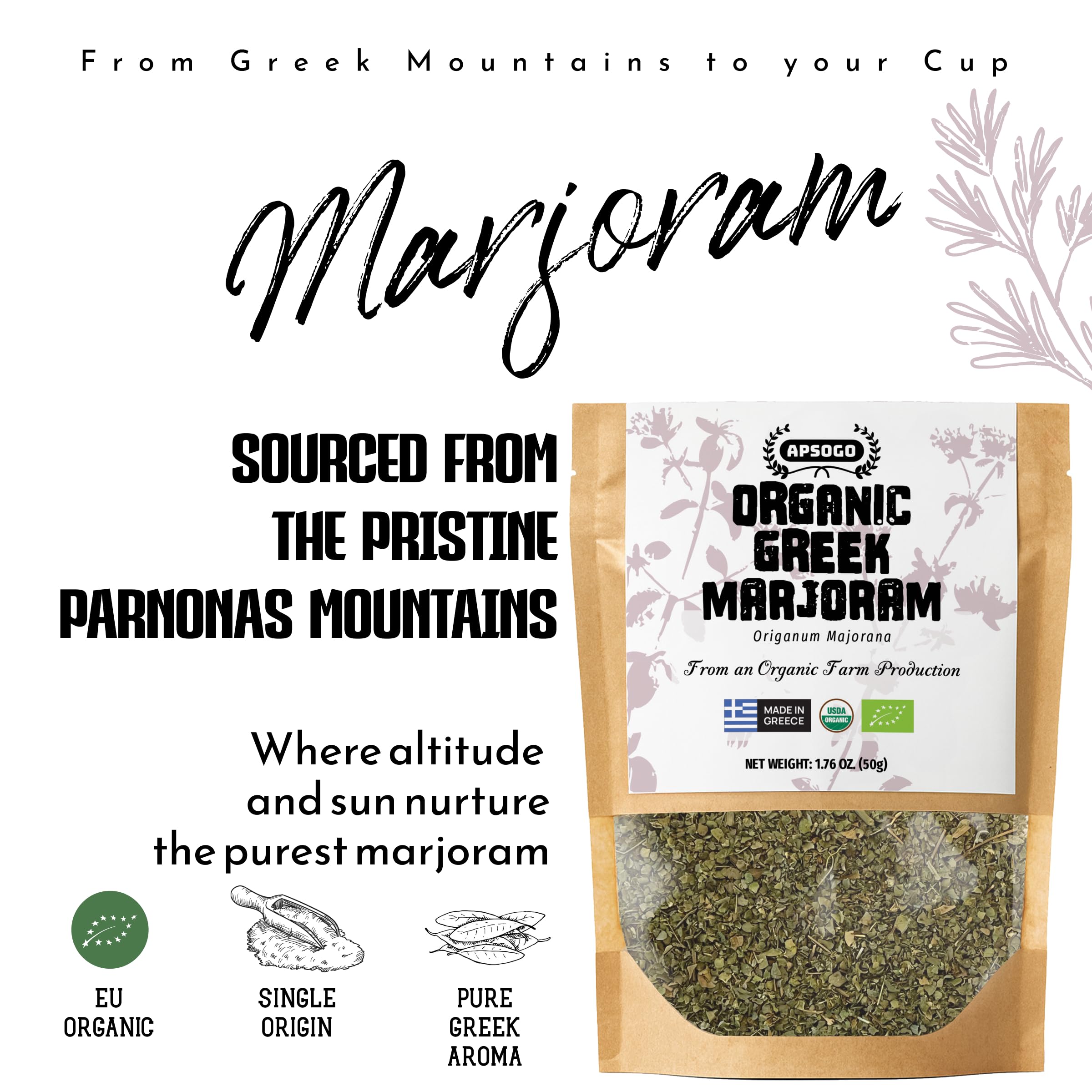 APSOGO close-up of dried marjoram leaves texture and color, highlights aroma