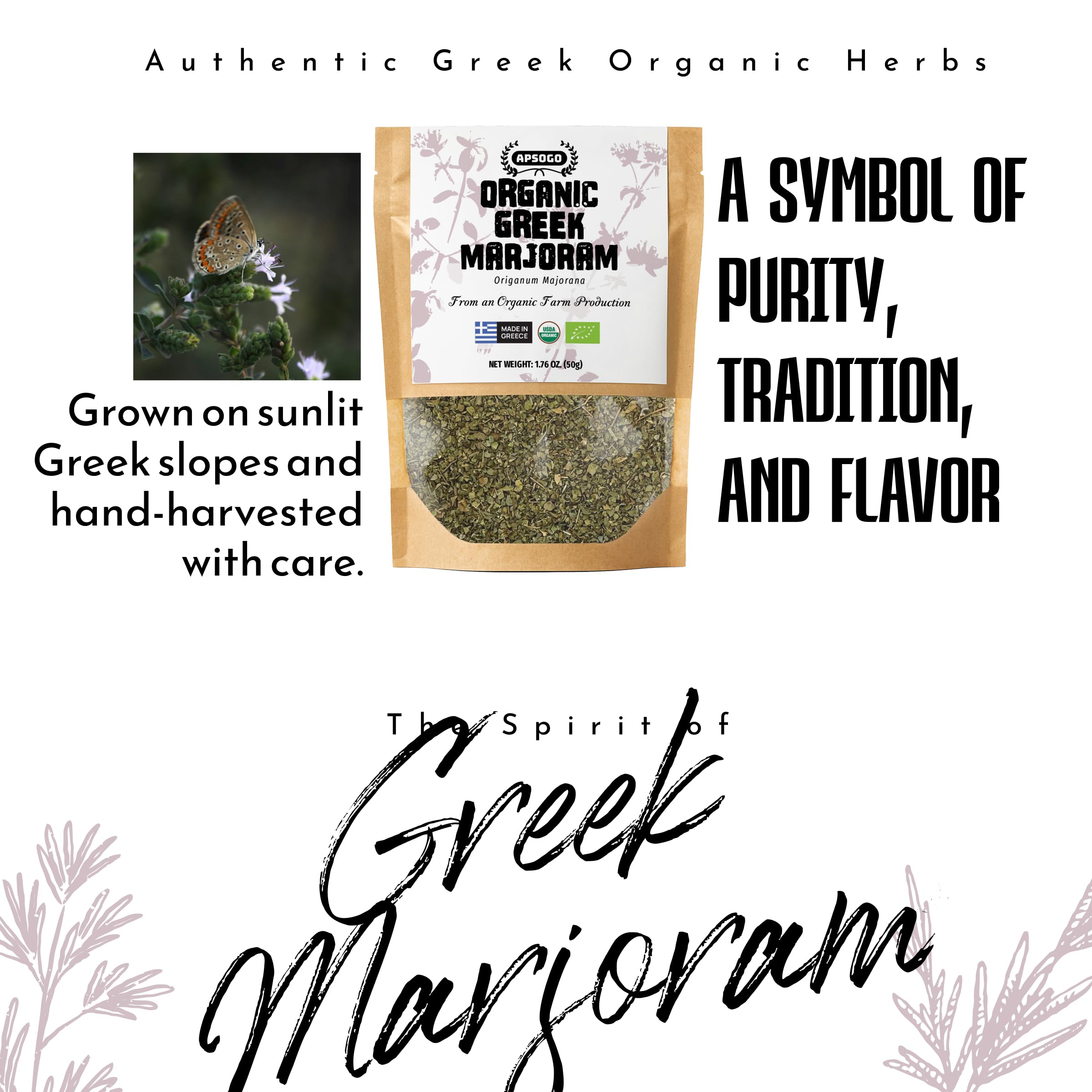 APSOGO resealable pouch open with loose marjoram leaves, reseal preserves freshness