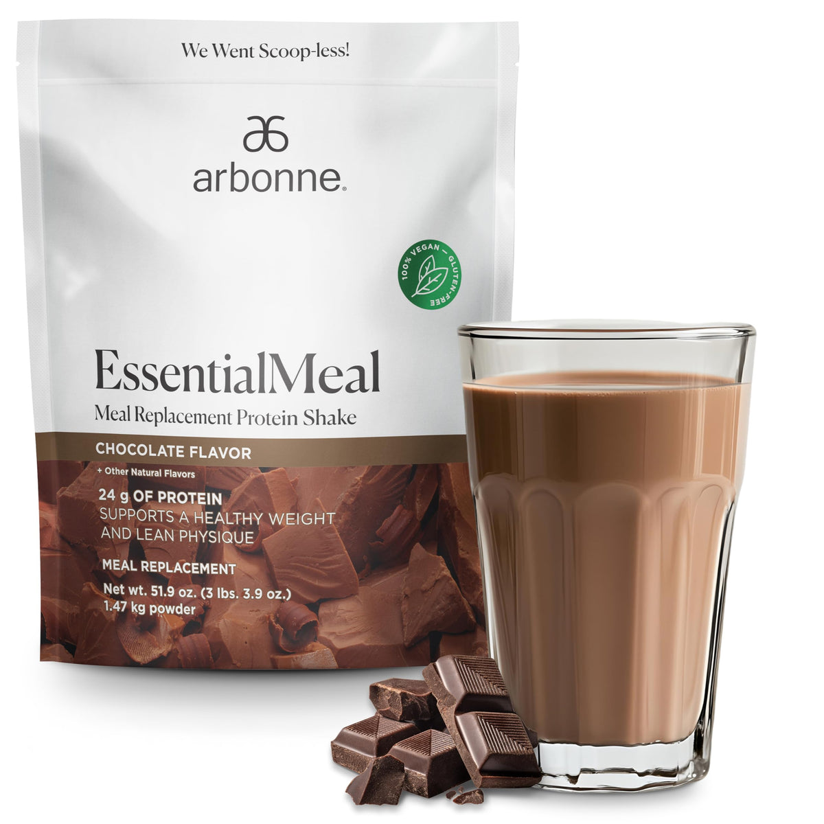 Arbonne front packaging showing chocolate meal replacement and serving count
