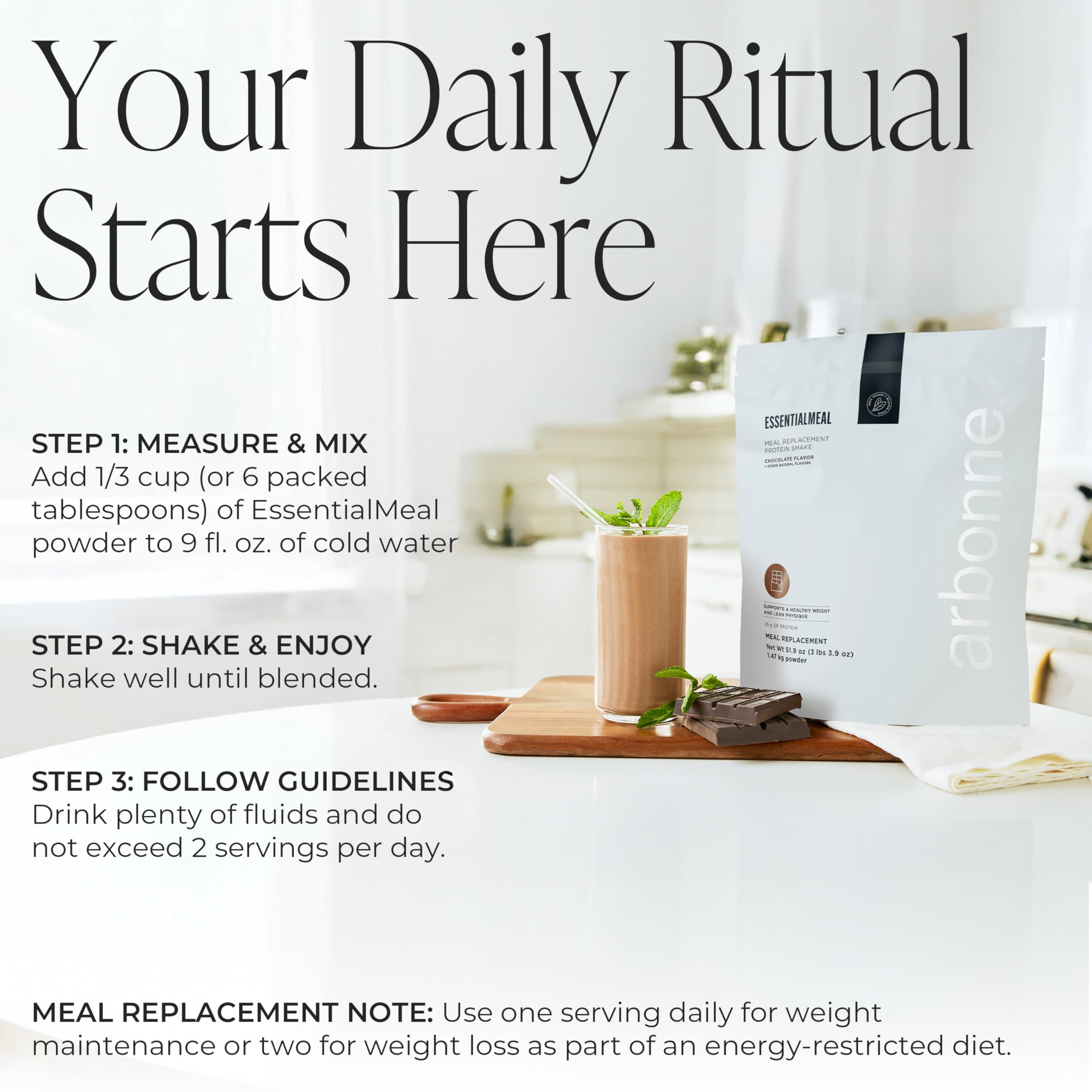 Arbonne measuring 1/3 cup of powder to show correct serving size