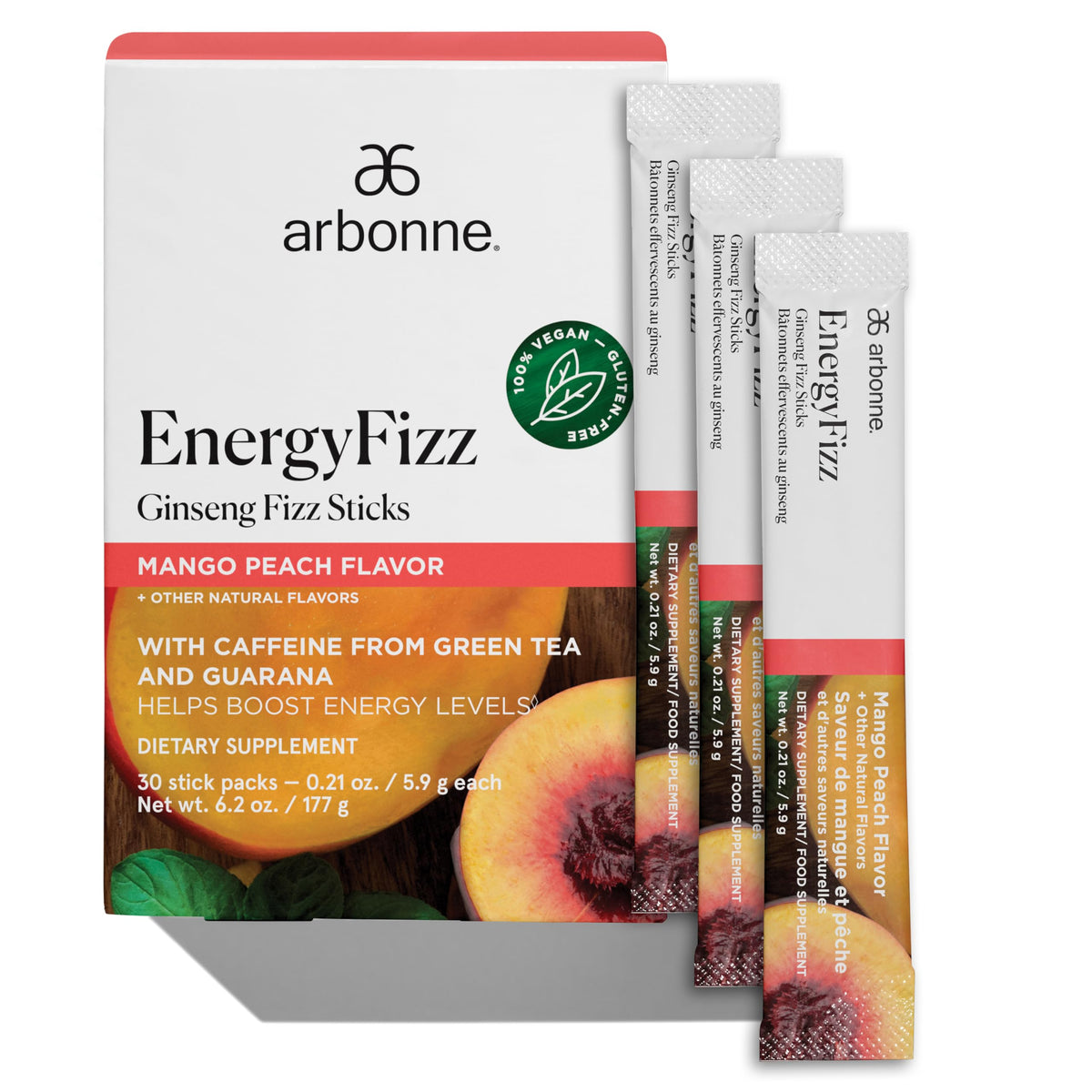 Arbonne front packaging of Ginseng Energy Fizz showing box and flavor benefits