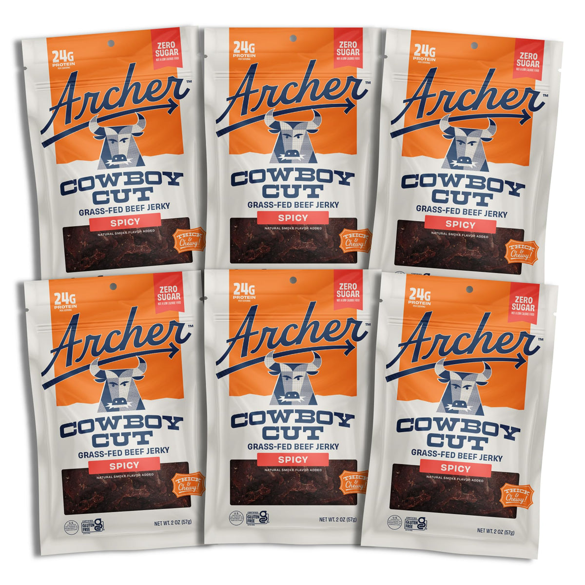 Archer Jerky front packaging showing spicy Cowboy Cut and zero sugar benefits