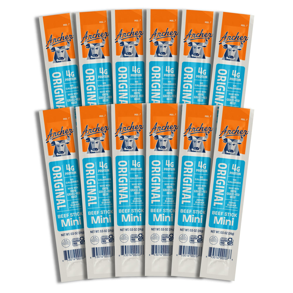 archer jerky front packaging shows grass-fed label and 12-pack convenience