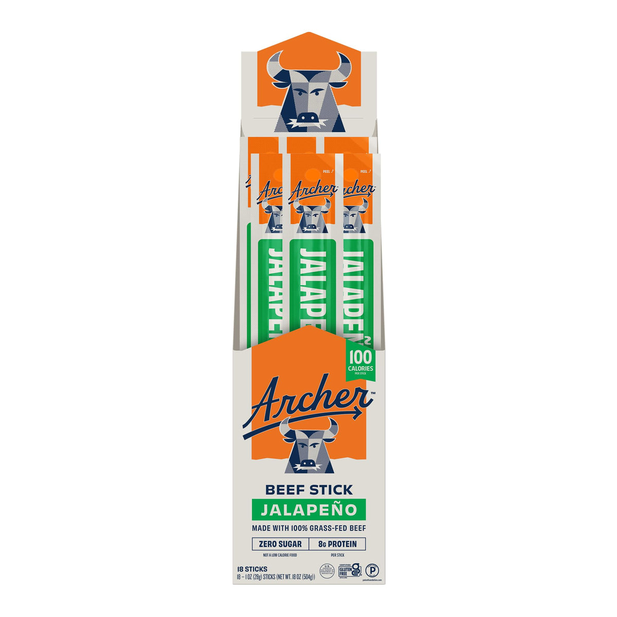 Archer Jerky front packaging showing 18-pack and jalapeno flavor benefit quick grab-and-go snack