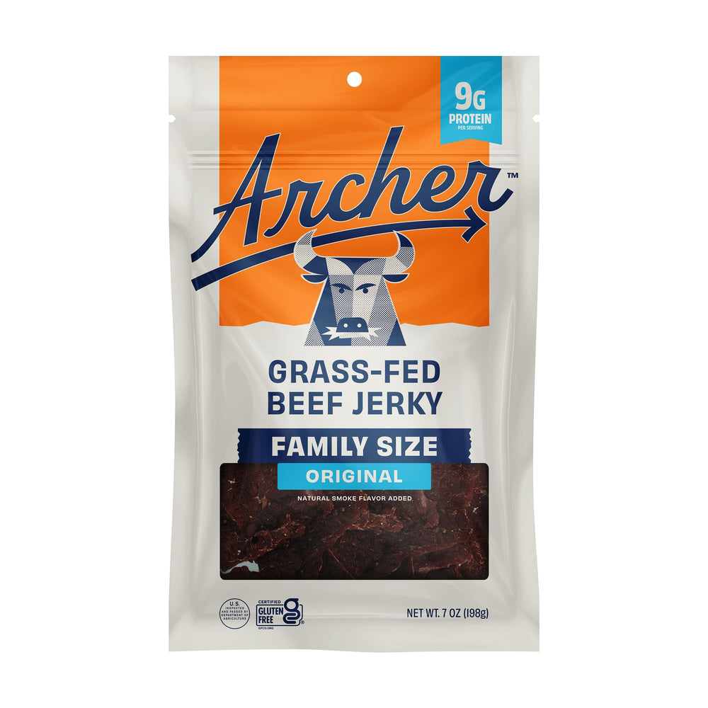 Archer Jerky original front pack showing branding and resealable pouch for convenience