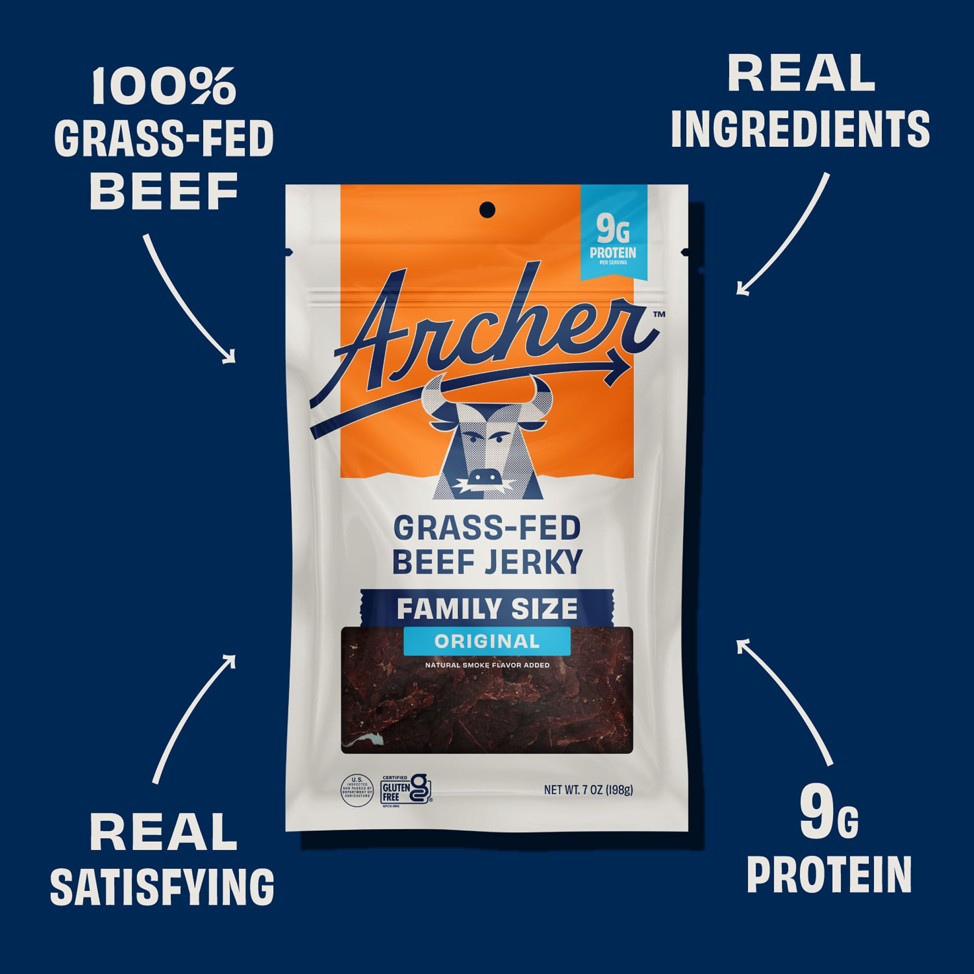 Archer Jerky original held in hand to show 7 oz pouch size and portable benefit