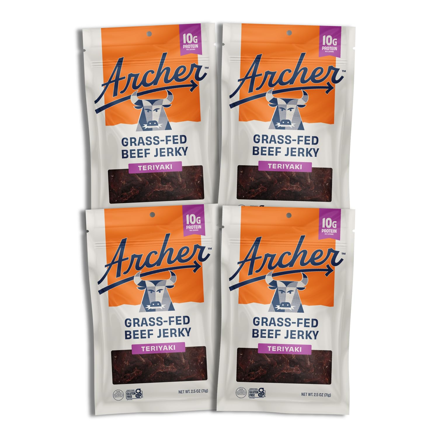 archer jerky front packaging showing teriyaki 4-pack and portability benefit