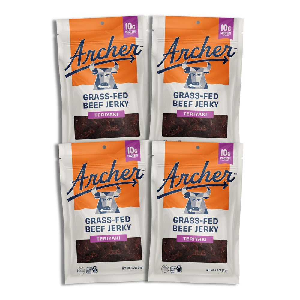 archer jerky front packaging showing teriyaki 4-pack and portability benefit