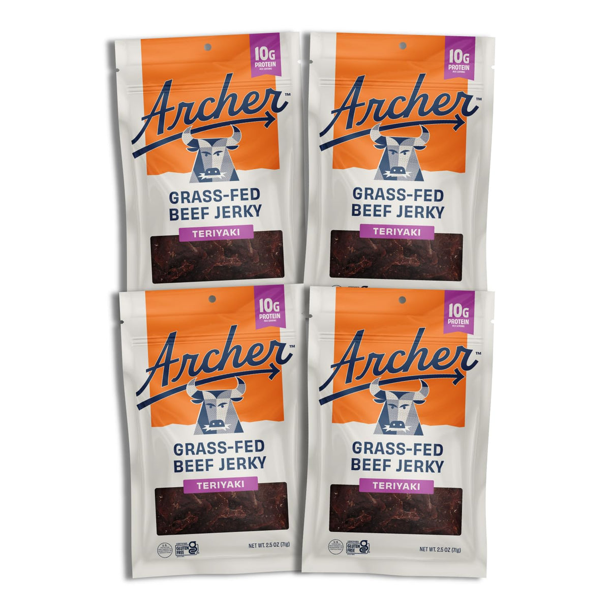 archer jerky front packaging showing teriyaki 4-pack and portability benefit