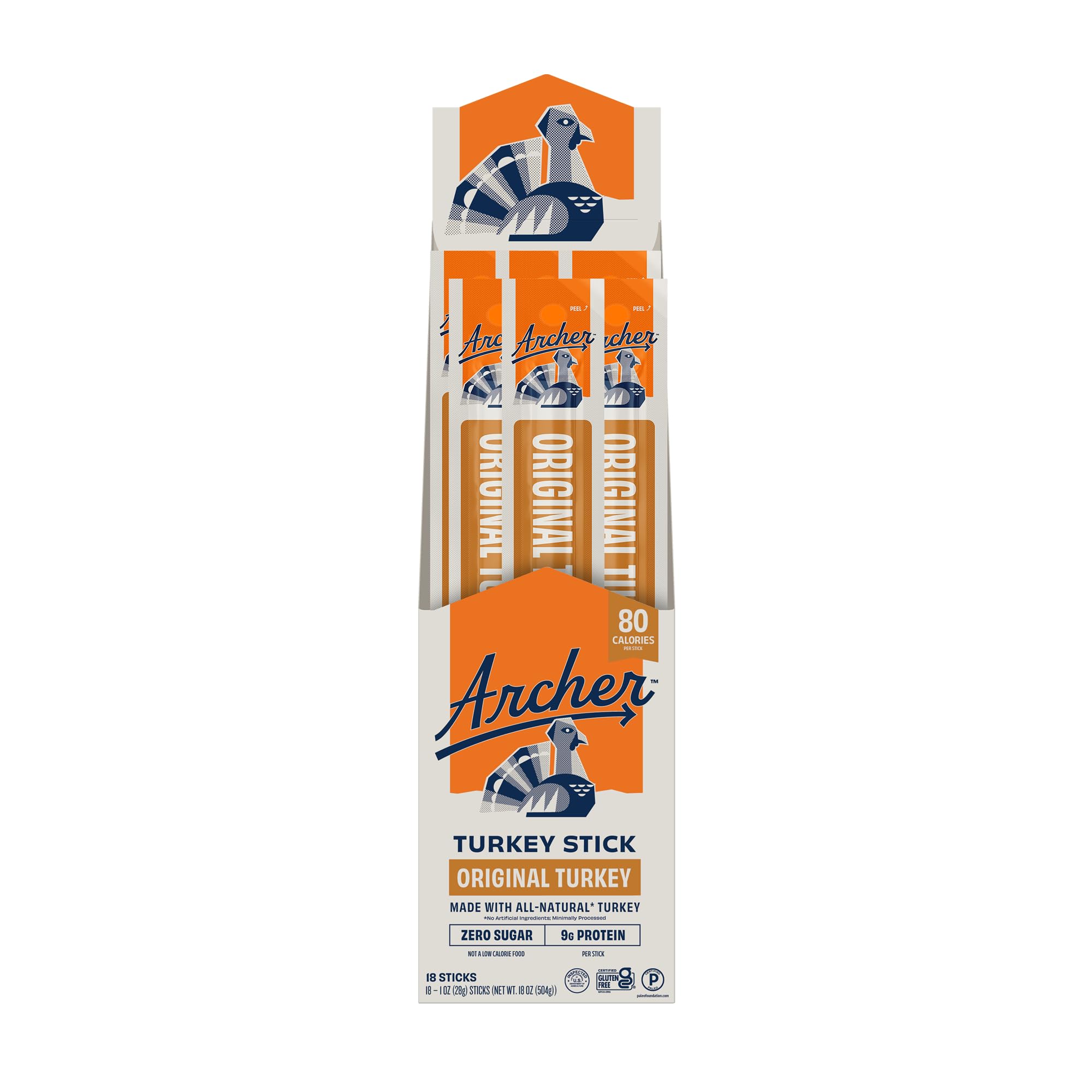 archer jerky front packaging showing 18-pack and nutritional highlights
