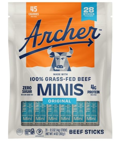 Archer Mini Grass‑Fed Beef Sticks front packaging showing 28 count and portable benefit