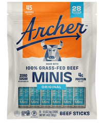 Archer Mini Grass‑Fed Beef Sticks front packaging showing 28 count and portable benefit