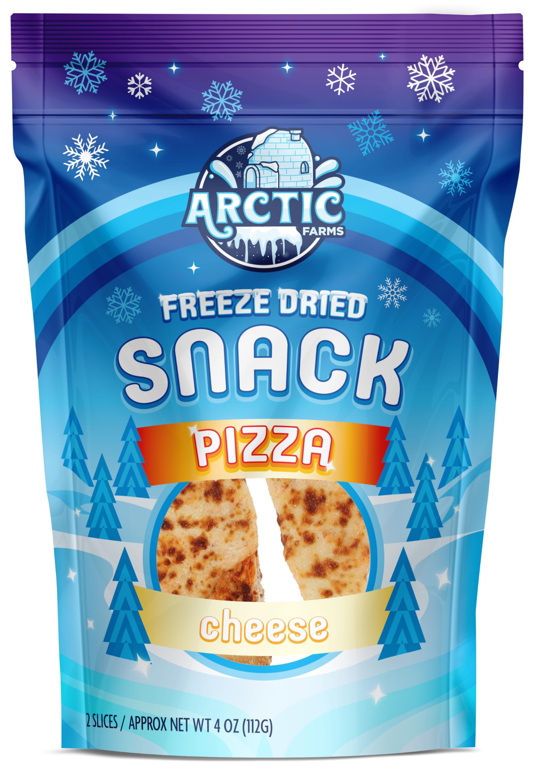 Arctic Farms close-up of cheese texture on a freeze-dried pizza slice, intense flavor
