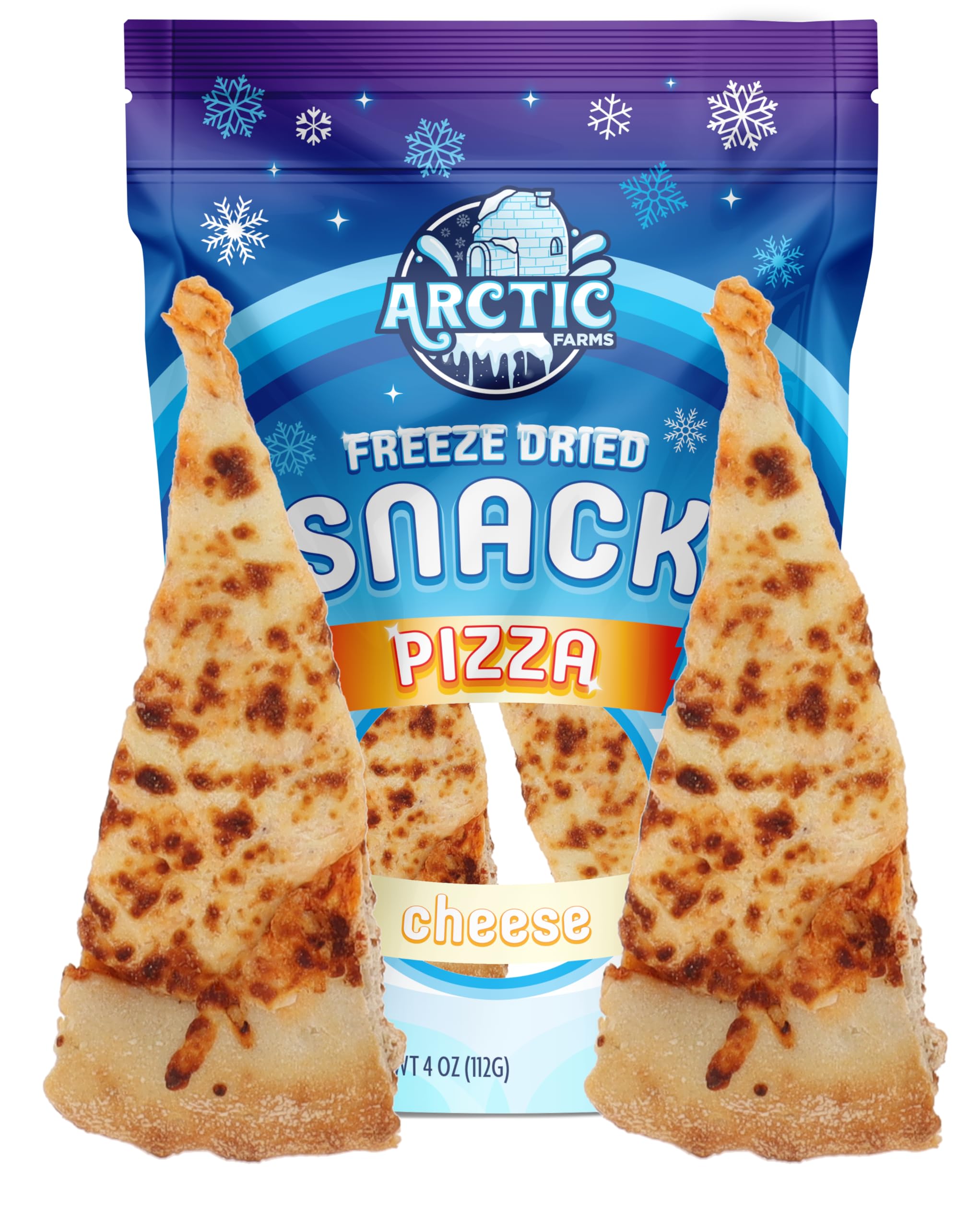 Arctic Farms front packaging showing two freeze-dried cheese pizza slices, convenient snack