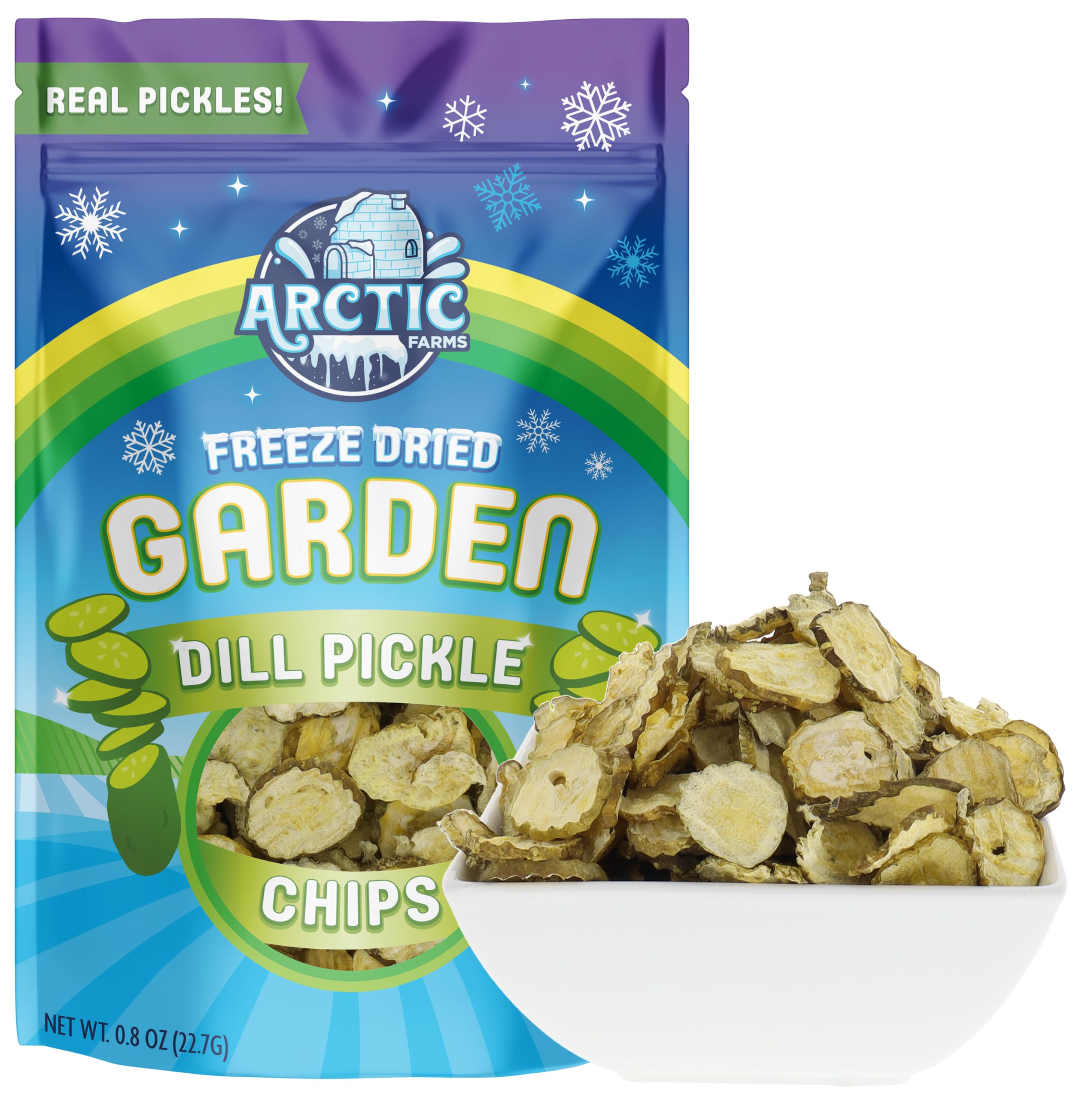 Arctic Farms open bag with visible dill pickle chips demonstrating portability and crispness