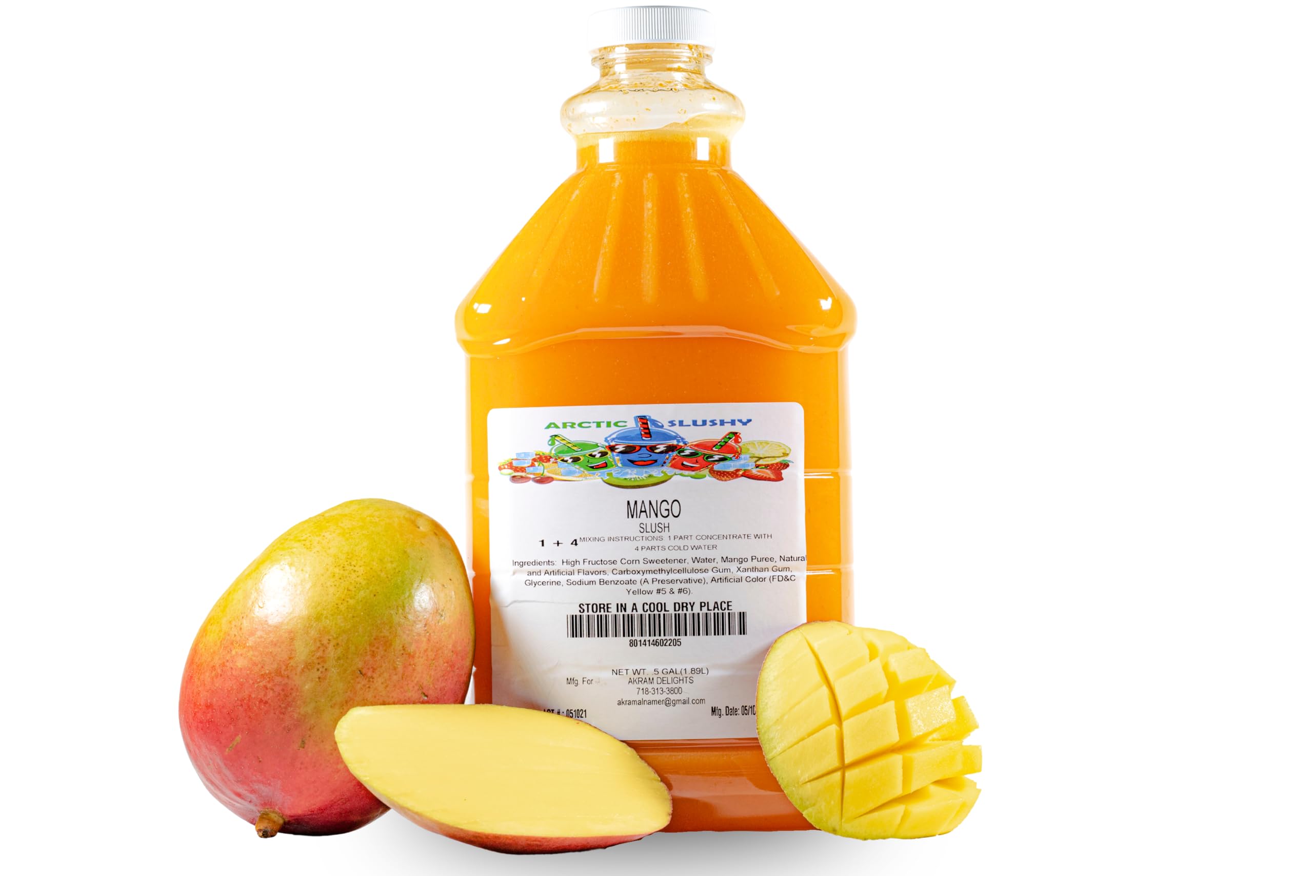 Arctic Slushy front packaging showing Mango half-gallon concentrate and clear branding for quick identification
