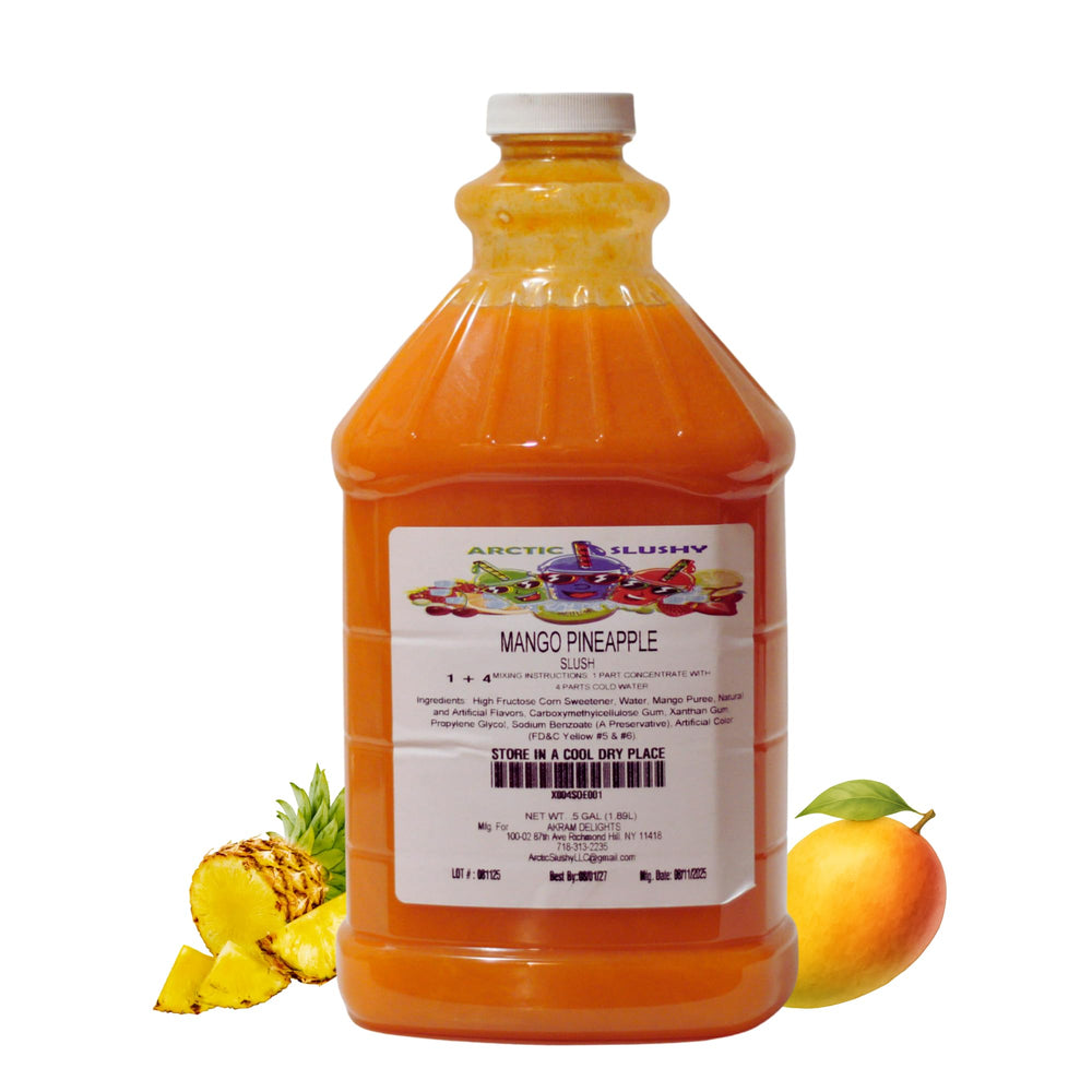 Arctic Slushy half-gallon bottle front label showing mango pineapple flavor and easy mixing